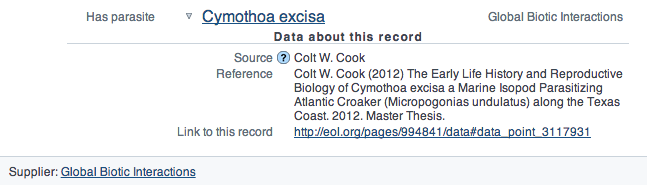 Reference to Colt W. Cook dataset from the EOL's Atlantic Croaker data page.